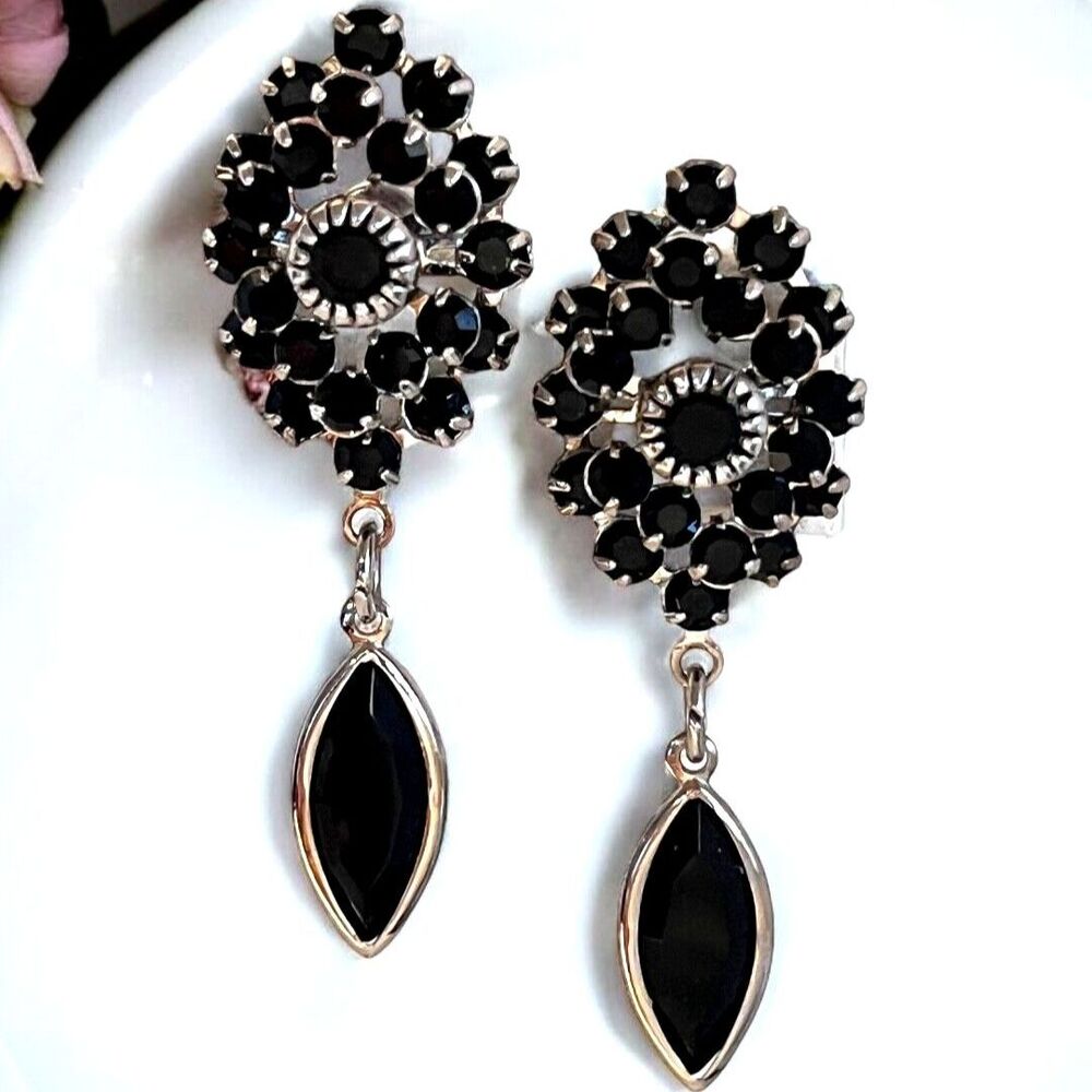 Vintage 1980s Drop Earrings Silver Tone Black Crystal Floral Dangle - 13J
